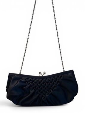 White Black Satin Kiss Lock Evening Clutch/Shoulder Bag with Chain